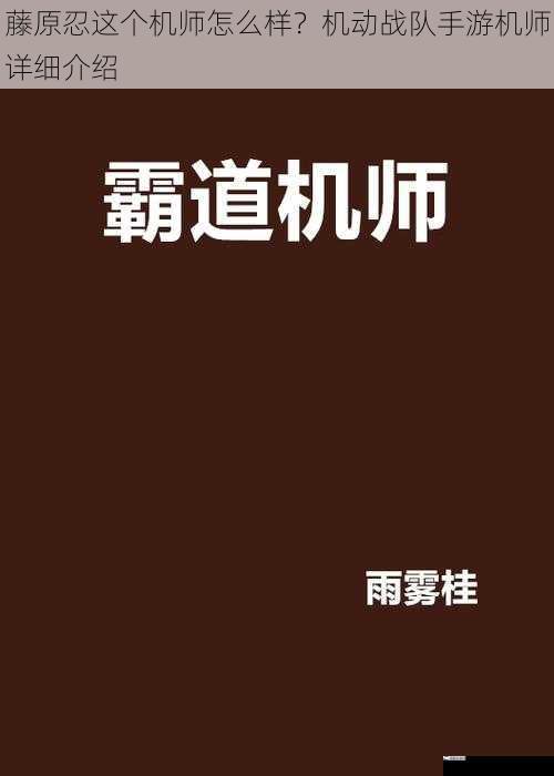 藤原忍这个机师怎么样？机动战队手游机师详细介绍